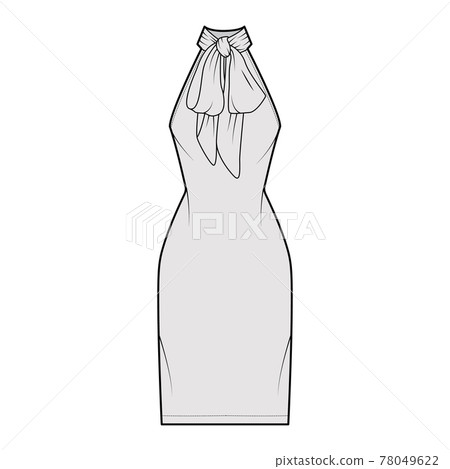 Dress neck bow technical fashion illustration with halter neckline, sleeveless, fitted body, knee length pencil skirt 78049622
