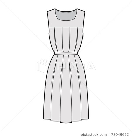 Dress gymslip technical fashion illustration with sleeveless, knee length A-line skirt, pleats, scoop neckline. Flat Dress gymslip technical fashion illustration with sleeveless, knee length A-line skirt, pleats, scoop neckline. Flat 78049632