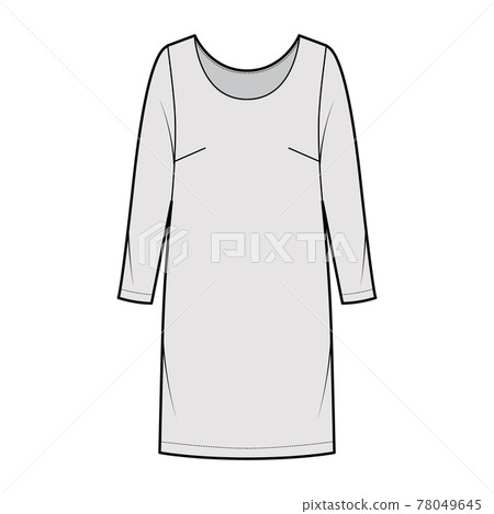 Dress shift chemise technical fashion illustration with long sleeves, oversized body, knee length pencil skirt apparel 78049645