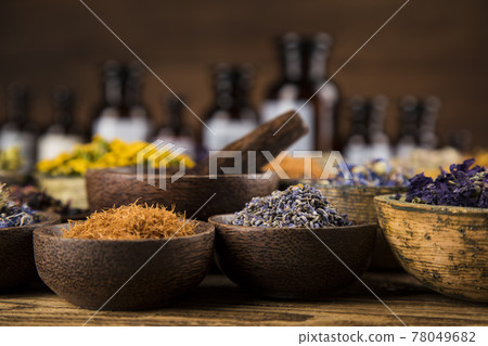 Natural medicine, wooden table background 78049682