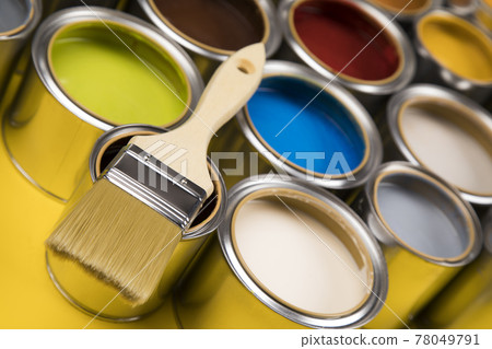 Open paint cans with a brush, Rainbow colors Open paint cans with a brush, Rainbow colors 78049791