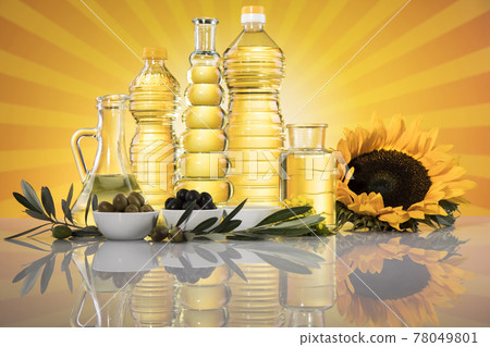 Cooking oils, Olive oil, Rape, Sunflower flowers in bottles 78049801