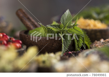 Natural remedy, healing herbs background Natural remedy, healing herbs background 78049981