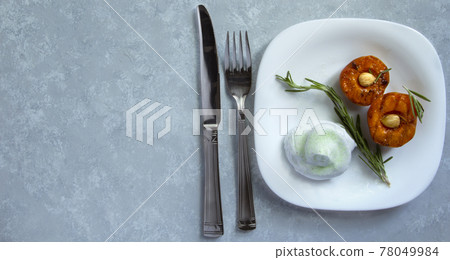 Grilled apricots with whipped cream and thyme. Flat lay, copy space Grilled apricots with whipped cream and thyme. Flat lay, copy space 78049984