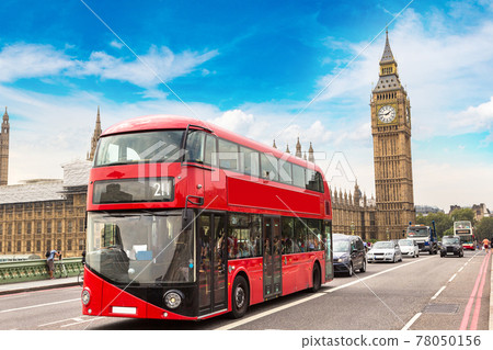 Big Ben, Westminster Bridge, red bus in London 78050156