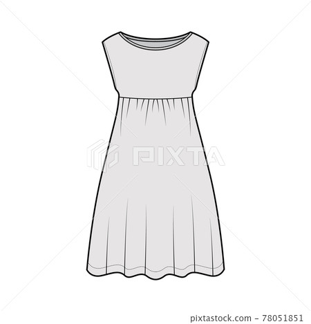 Dress babydoll technical fashion illustration with sleeveless, oversized body, knee length A-line skirt, boat neck. Flat Dress babydoll technical fashion illustration with sleeveless, oversized body, knee length A-line skirt, boat neck. Flat 78051851