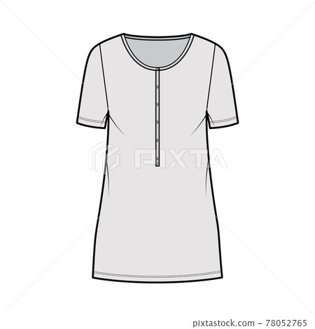 Dress henley collar technical fashion illustration with short sleeves, oversized body, mini length pencil skirt. Flat 78052765