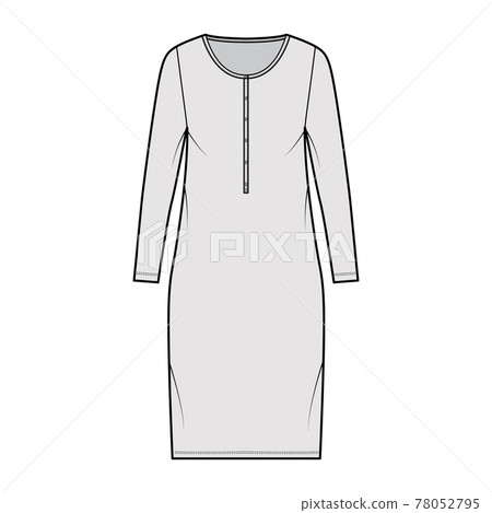 Dress henley collar technical fashion illustration with long sleeves, oversized body, knee length pencil skirt. Flat 78052795