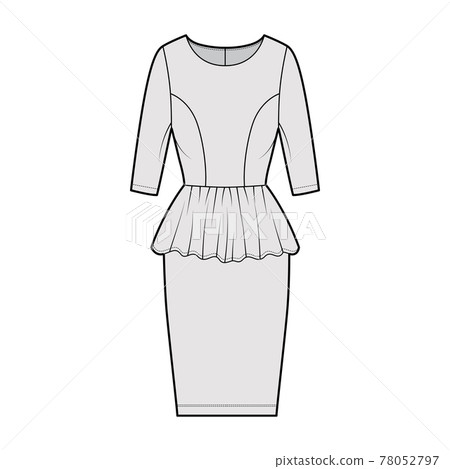 Dress peplum technical fashion illustration with elbow sleeves, fitted body, knee length sheath skirt, round neck. 78052797