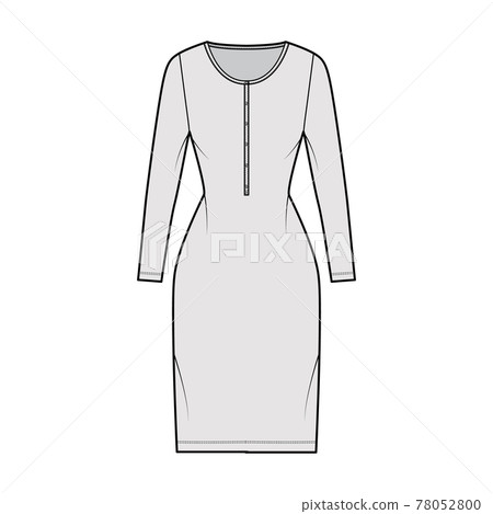 Dress henley collar technical fashion illustration with long sleeves, fitted body, knee length pencil skirt apparel Dress henley collar technical fashion illustration with long sleeves, fitted body, knee length pencil skirt apparel 78052800