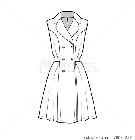 Dress coat trench technical fashion illustration with double breasted, fitted body, knee length semi-circular skirt Dress coat trench technical fashion illustration with double breasted, fitted body, knee length semi-circular skirt 78053237