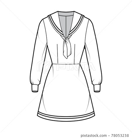 Dress sailor technical fashion illustration with long sleeve with cuff, fitted body, middy collar, stripes, mini length Dress sailor technical fashion illustration with long sleeve with cuff, fitted body, middy collar, stripes, mini length 78053238