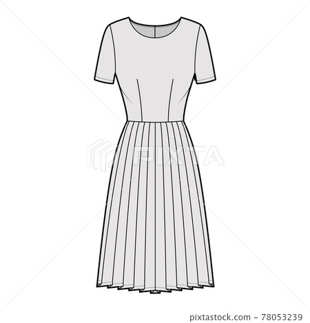 Dress pleated technical fashion illustration with short sleeves, fitted body, knee length skirt. Flat apparel front 78053239