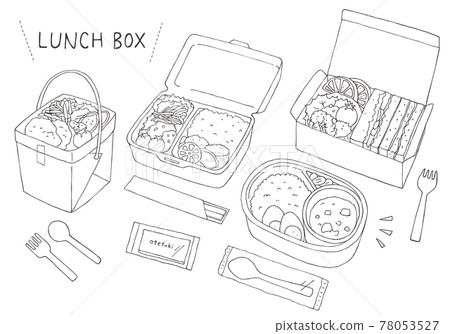 與外賣和便當盒相關的手繪插圖（單色） 78053527