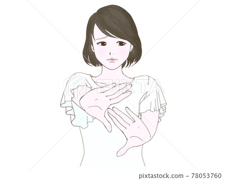A woman in summer clothes with a troubled face, putting her hands forward A woman in summer clothes with a troubled face, putting her hands forward 78053760