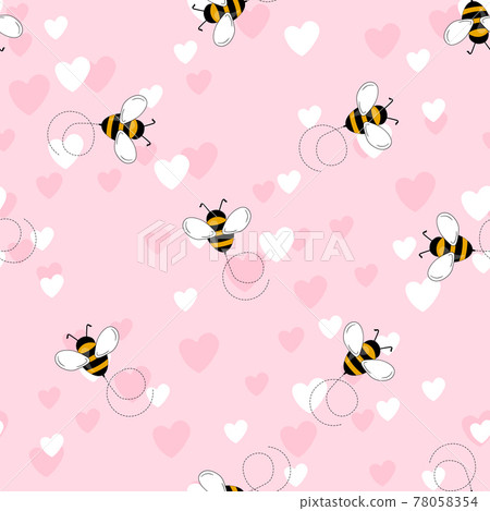 Seamless pattern with bees and hearts on color background. Small wasp. Vector illustration. Adorable cartoon character. Template design for invitation, cards, textile, fabric. Doodle style 78058354
