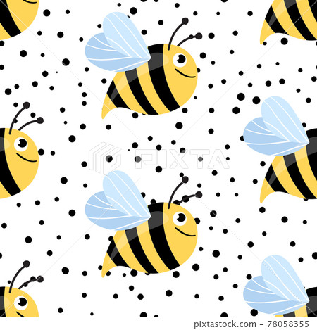 Seamless pattern with bees on white polka dots background. Small wasp. Vector illustration. Adorable cartoon character. Template design for invitation, cards, textile, fabric. Doodle style 78058355
