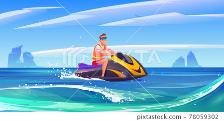 Young man ride aquabike, jet ski in sea 78059302