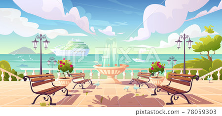 Summer seafront quay with cruise ship in ocean 78059303