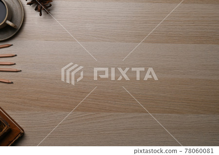 Coffee cup, pencils, notebook and copy space on wooden table. Coffee cup, pencils, notebook and copy space on wooden table. 78060081