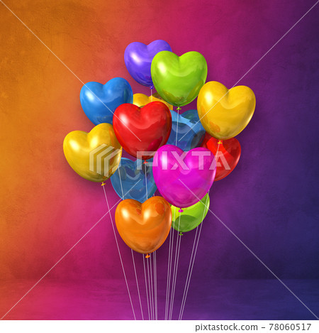 Colorful heart shape balloons bunch on a rainbow wall background Colorful heart shape balloons bunch on a rainbow wall background 78060517