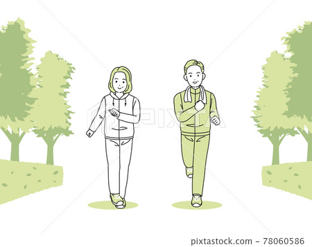 中老年夫妻散步慢跑運動跑步減肥男女中年插畫素材 78060586