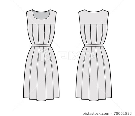 Dress gymslip technical fashion illustration with sleeveless, knee length A-line skirt, pleats, scoop neckline. Flat Dress gymslip technical fashion illustration with sleeveless, knee length A-line skirt, pleats, scoop neckline. Flat 78061853