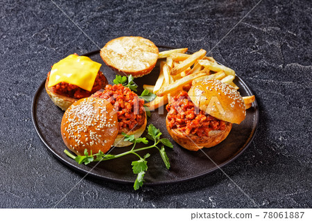 Sloppy Joe sandwiches with french Fries, top view 78061887