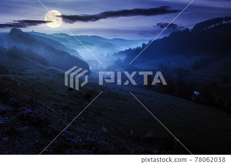 valley on the foggy night. village in the distance. grass and flowers on the hill in full moon light. beautiful countryside scenery. dark clouds on the sky valley on the foggy night. village in the distance. grass and flowers on the hill in full moon light. beautiful countryside scenery. dark clouds on the sky 78062038