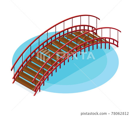 Wooden Bridge with Balustrade Railing as Asian Architecture Isometric Vector Illustration 78062812