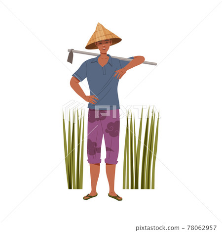 Asian Farmer in Straw Conical Hat Holding Hoe on His Shoulders Vector Illustration 78062957