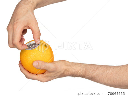 Adult opening an orange soft drink in a orange 'package', isolated Adult opening an orange soft drink in a orange 'package', isolated 78063633