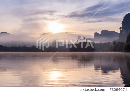 Ban Nong Thale the natural scenery of the sunshine in the morning (mountains, lakes, trees, fog). Ban Nong Thale the natural scenery of the sunshine in the morning (mountains, lakes, trees, fog). 78064074