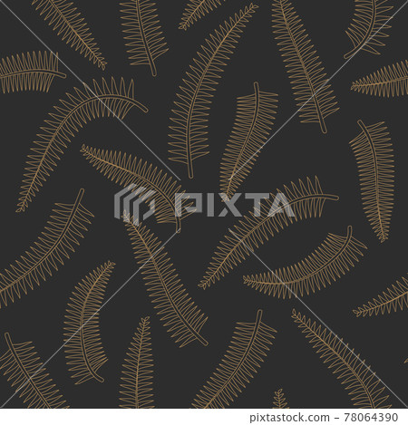Tropical fern leaves gold outline drawing seamless pattern. Black background. 78064390