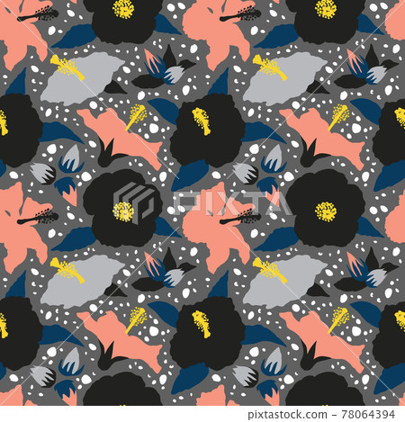 Seamless pattern with modern minimalist black, gray and pink hibiscus flowers, buds and leaves. With white chaotic dots. 78064394