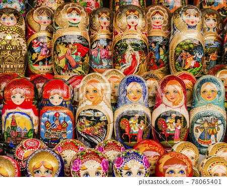 Row of colorful traditional matryoshka dolls, Moscow, Russia Row of colorful traditional matryoshka dolls, Moscow, Russia 78065401