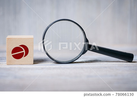 Cube with pills icon and magnifier. Concept of search medical information, health. 78066130