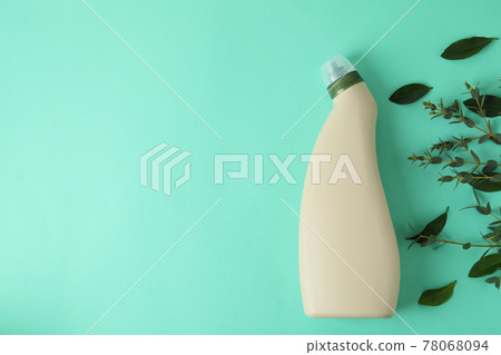 Blank detergent bottle, twigs and leaves on mint background 78068094