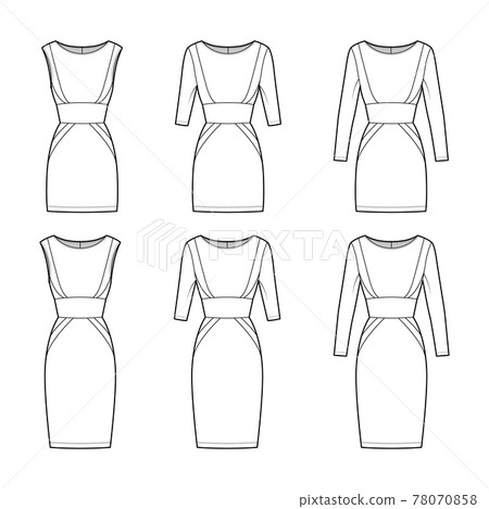 Set of dresses panel tube technical fashion illustration with hourglass silhouette, sleeves, fitted, knee length skirt Set of dresses panel tube technical fashion illustration with hourglass silhouette, sleeves, fitted, knee length skirt 78070858