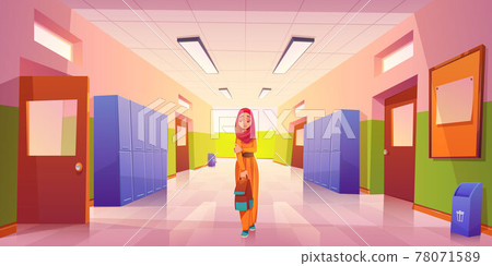 Sad lonely muslim girl in school hallway 78071589