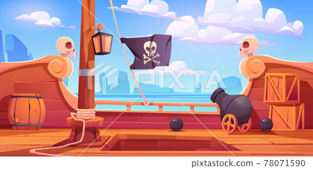 Pirate ship wooden deck onboard view with cannon Pirate ship wooden deck onboard view with cannon 78071590