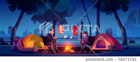 Couple in camp with tent and campfire at night Couple in camp with tent and campfire at night 78071592