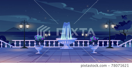 Summer seafront at night time quay with ocean view Summer seafront at night time quay with ocean view 78071621