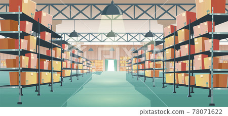 Warehouse interior with cardboard boxes on racks Warehouse interior with cardboard boxes on racks 78071622