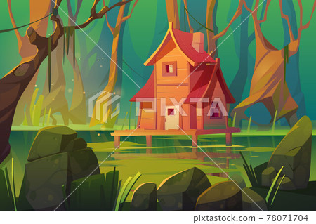 Wooden mystic stilt house above swamp in forest Wooden mystic stilt house above swamp in forest 78071704
