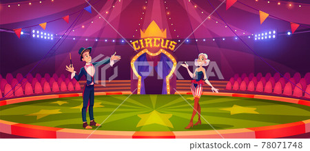 Magician with wand and woman on circus arena Magician with wand and woman on circus arena 78071748
