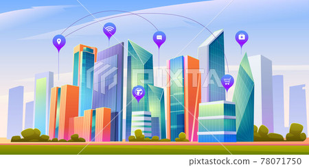 Landscape with smart city and infographic icons 78071750