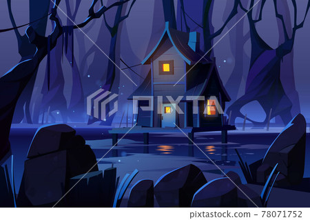 Wooden mystic stilt house on swamp in night forest 78071752