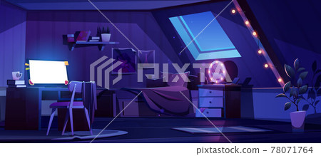 Girl bedroom interior on attic at night Girl bedroom interior on attic at night 78071764