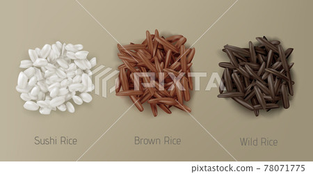 Rice sushi, brown and wild grain piles top view Rice sushi, brown and wild grain piles top view 78071775